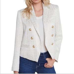 L’AGENCE Brooke Open Front Double Breasted White/Gold Tweed Blazer Size 12